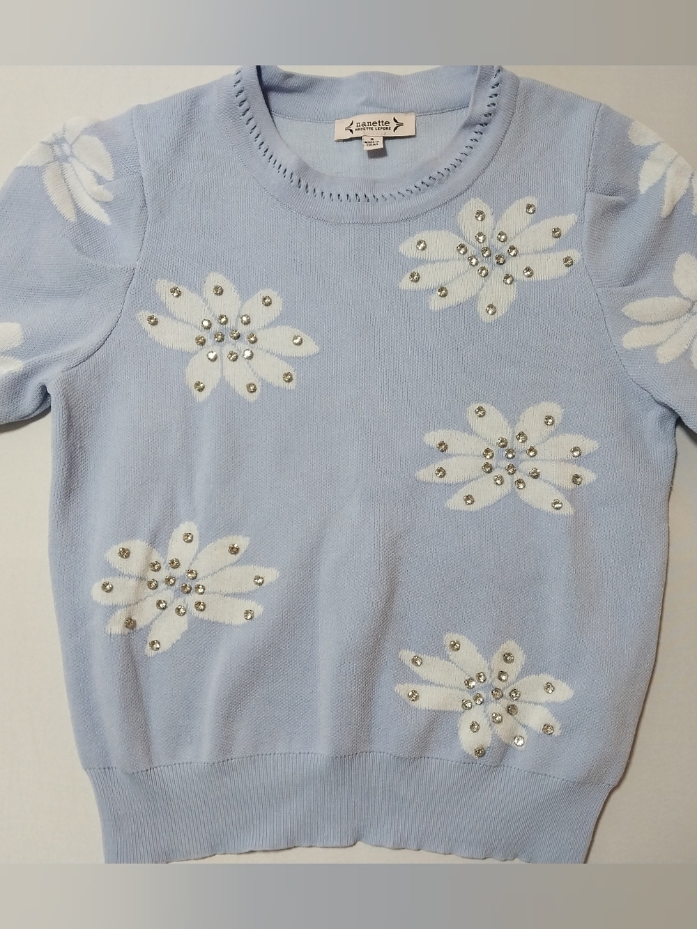 Nanette Lepore Blue Floral Rhinestone Embellished Knit Sweater Women’s Size M